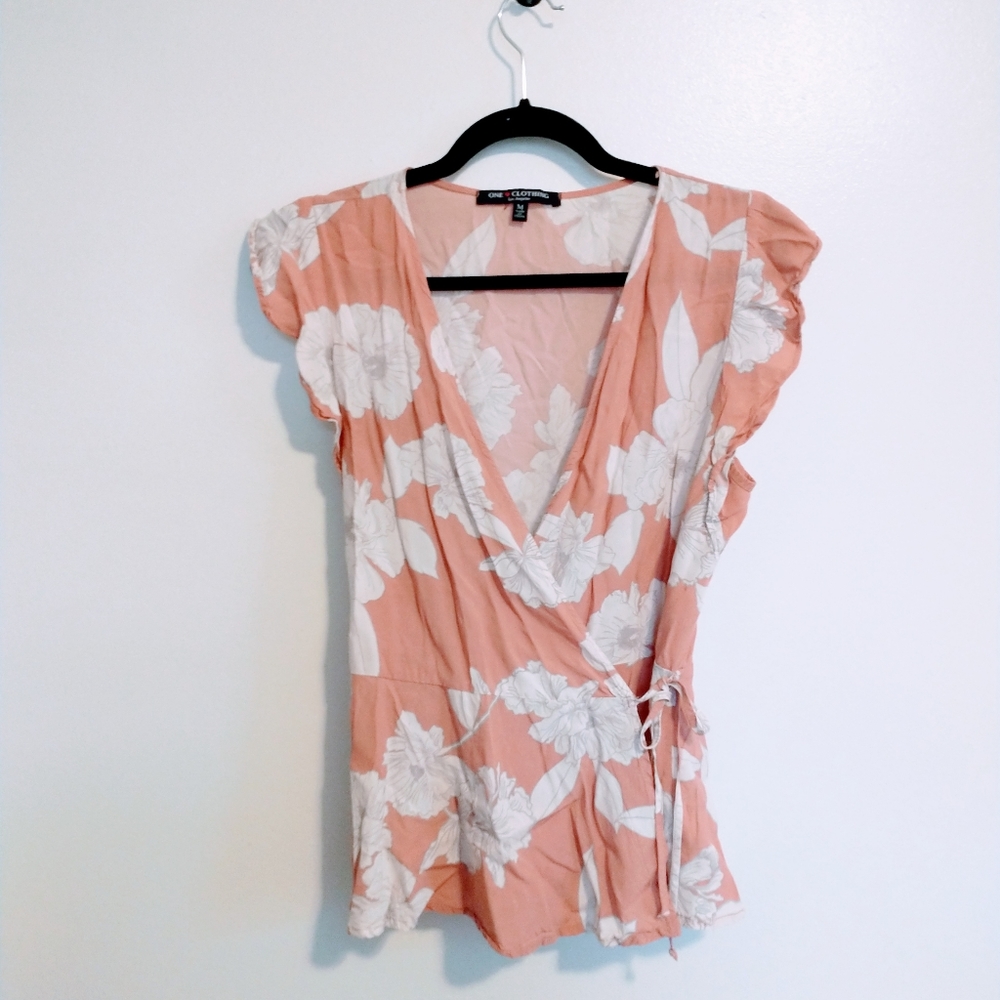 Floral wrap top with flutter sleeves one clothing size medium
